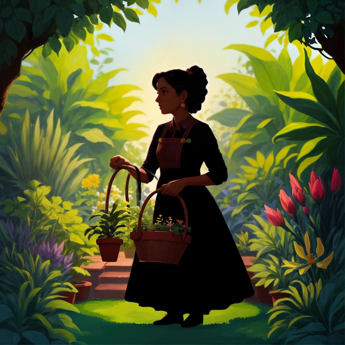 A silhouette of Mrs. Sharma in her garden, with Raj visible in the background tending to the plants. The focus remains on Mrs. Sharma to maintain the illustration rule of one character.