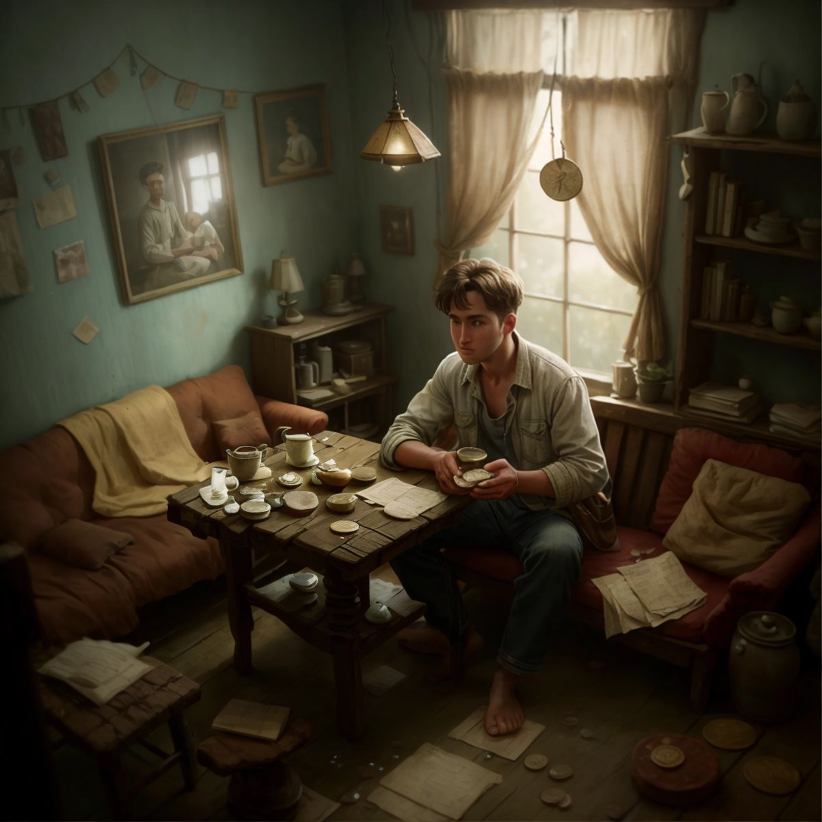 Raj sitting at a worn-out wooden table with a few coins and banknotes in his hands. The background shows a dimly lit room with a tattered sofa and a faded family photograph on a cracked wall.