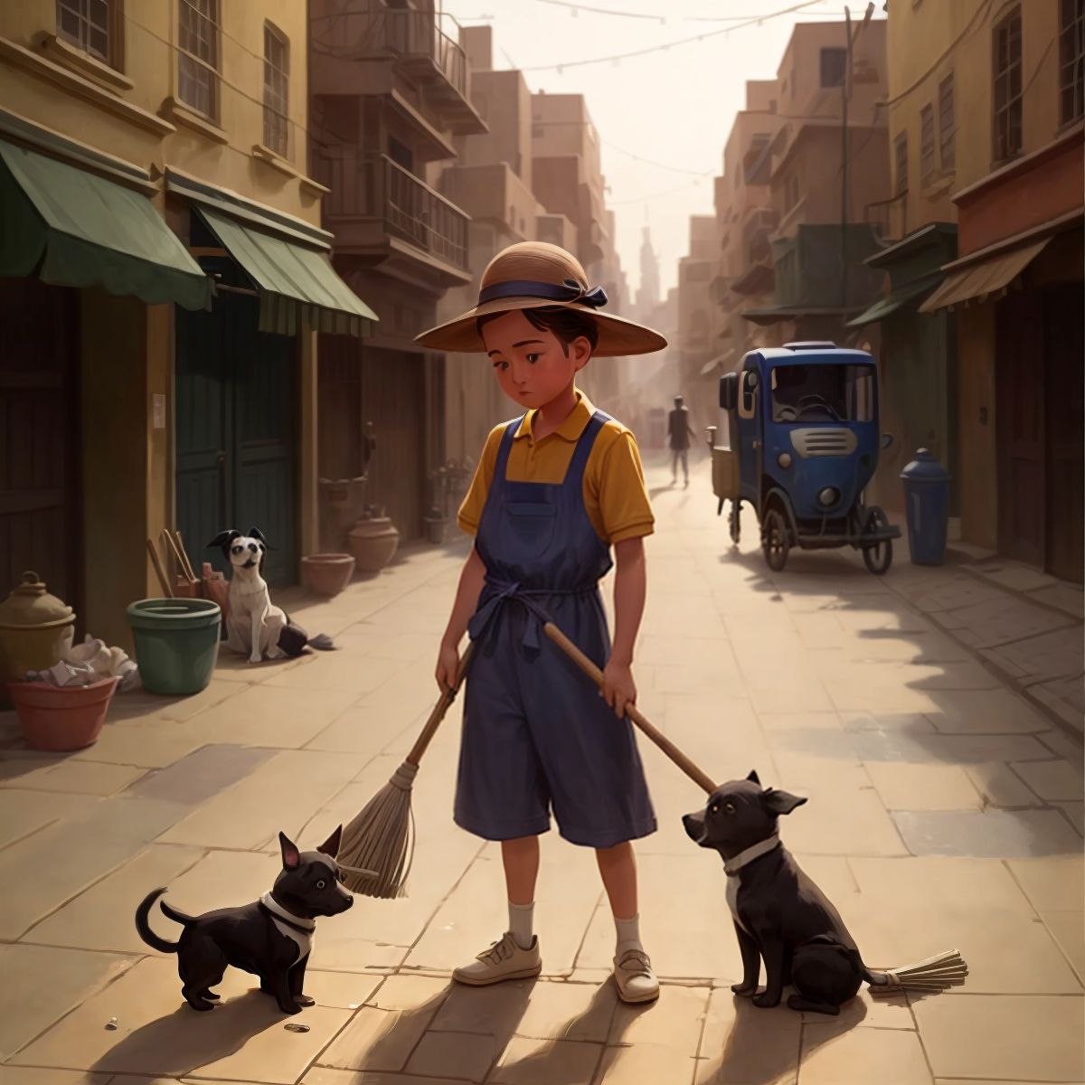 Raj, the sweeper, with a broom in hand, looking down compassionately at a stray puppy on the dusty streets. The background is a city street scene with no other characters present.