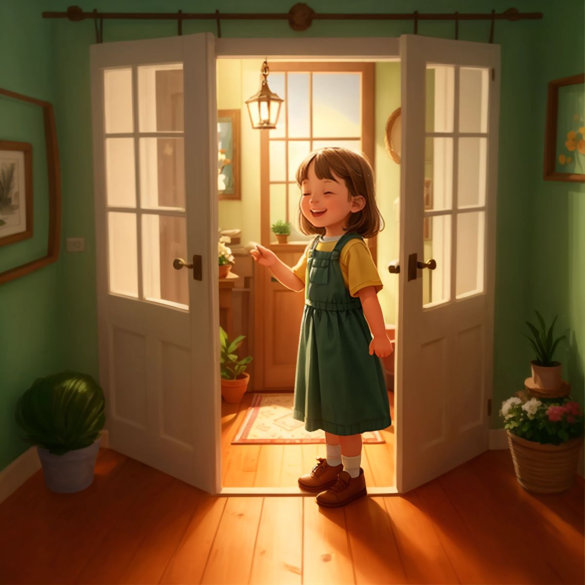 Raj standing at the doorway of a cozy little home with a sense of pride and happiness. The home's interior or exterior can be shown warmly lit to convey the new beginning.