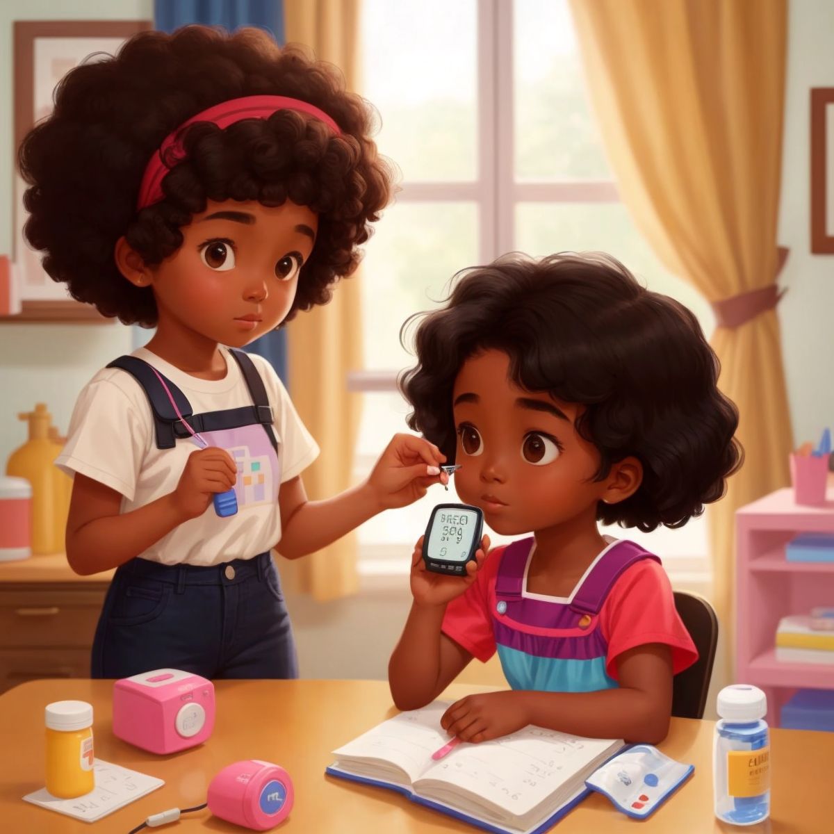 Lovie showing a glucose meter to Kid 2 Girl, who looks curious and interested.