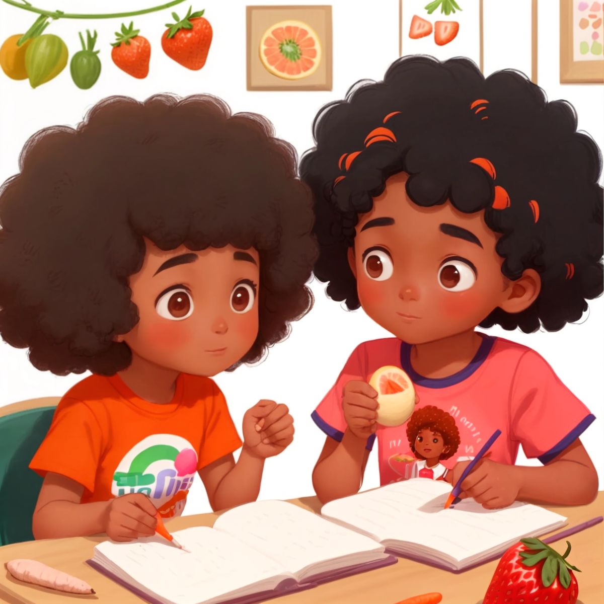 Lovie and Kid 2 Girl brainstorming over a list of healthy foods, with illustrations of carrots, strawberries, and chicken around them.