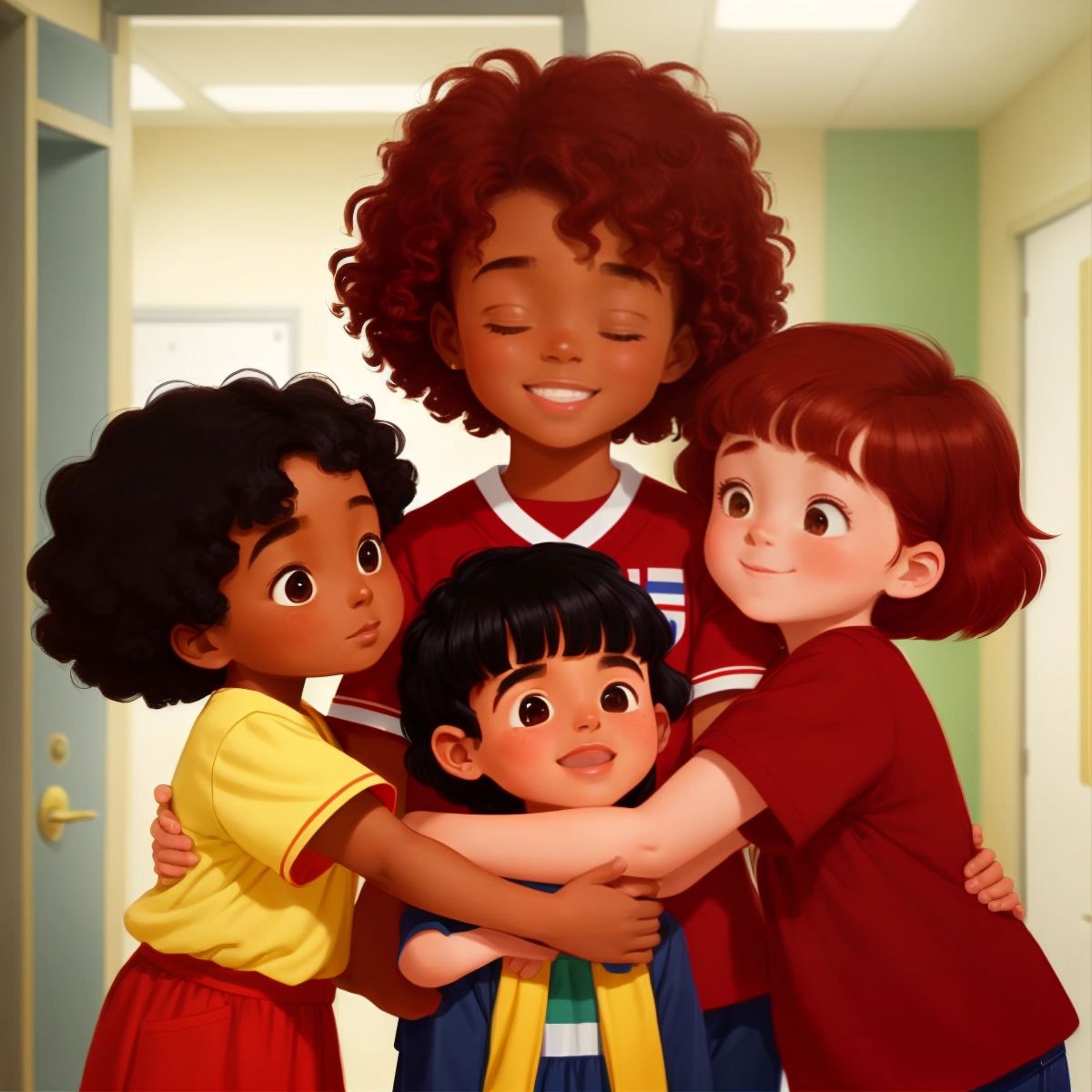 Lovie being greeted with big hugs by Kid 1 Girl with bright red hair and Kid 2 Girl with medium brown hair inside the hospital.