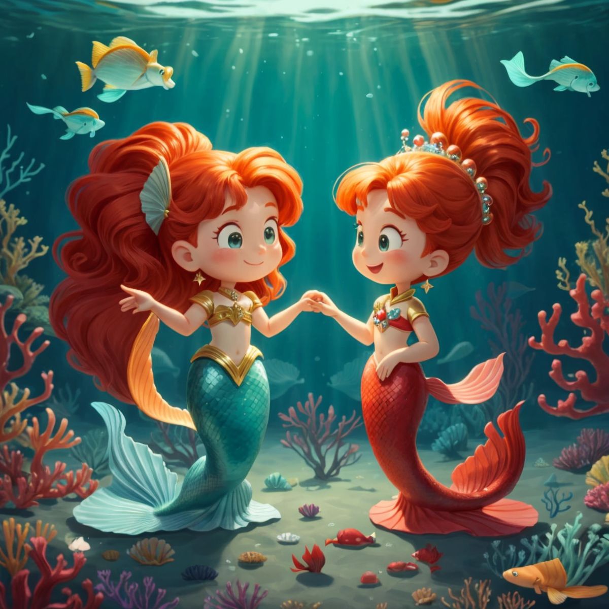 Meredith and Lea, now together, sharing a moment on a grand underwater stage.