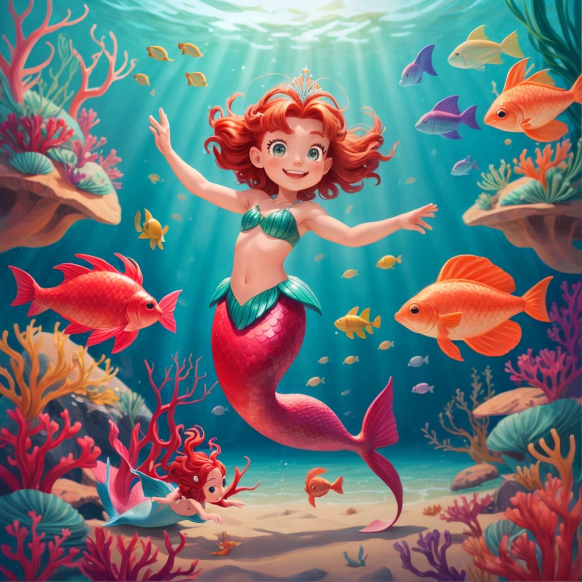 Meredith and Lea holding hands, dancing among a swirl of colorful fish and sea plants.