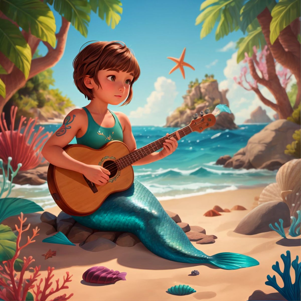 Lea, with her short brown hair and tattoos, playing a musical instrument made of shells and sea stars.