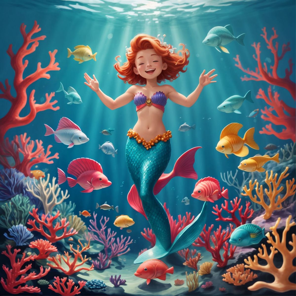 A celebration with various sea creatures, corals, and underwater flora, with Meredith and Lea at the center.