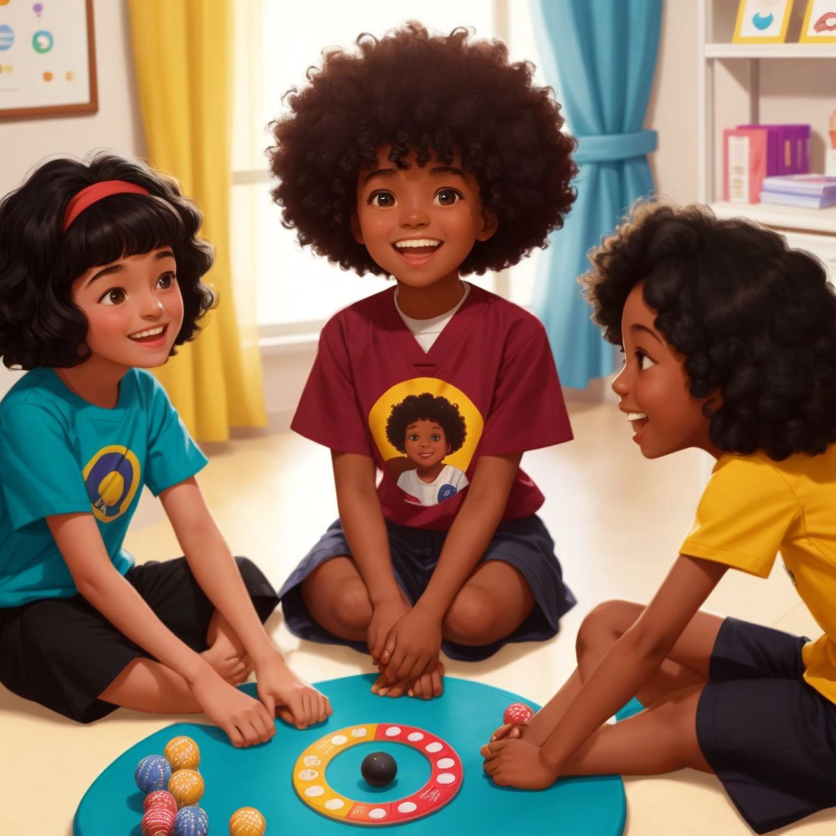 Lovie sitting in a circle with her friends in the hospital room, laughing and playing a board game.