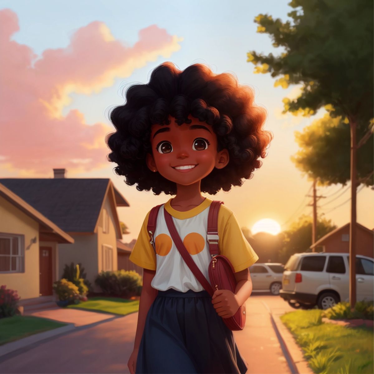 Lovie walking home with a contented smile, the warm glow of the sunset behind her.