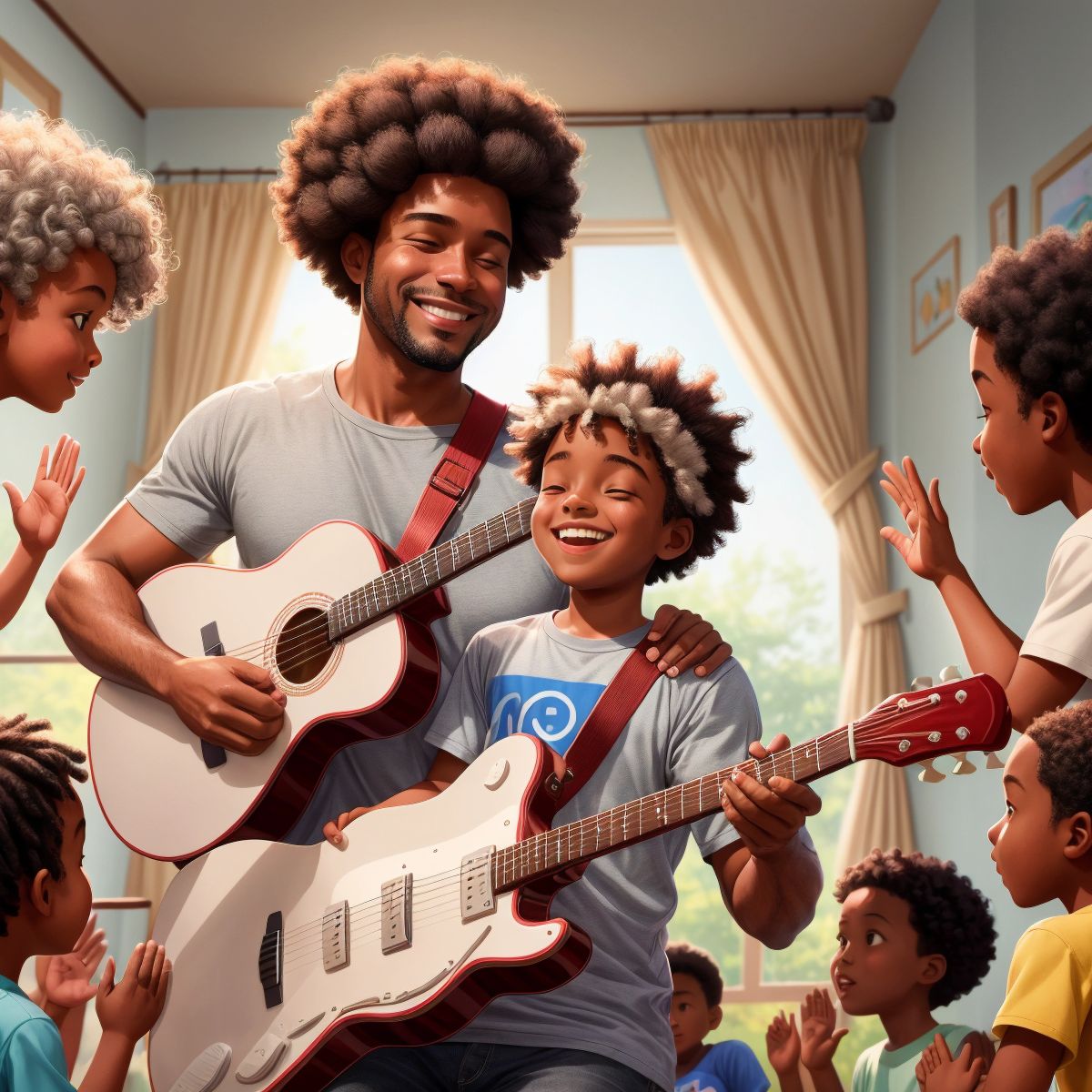 Mr. Hope playing the guitar with a warm smile, surrounded by children who are clapping and singing along.