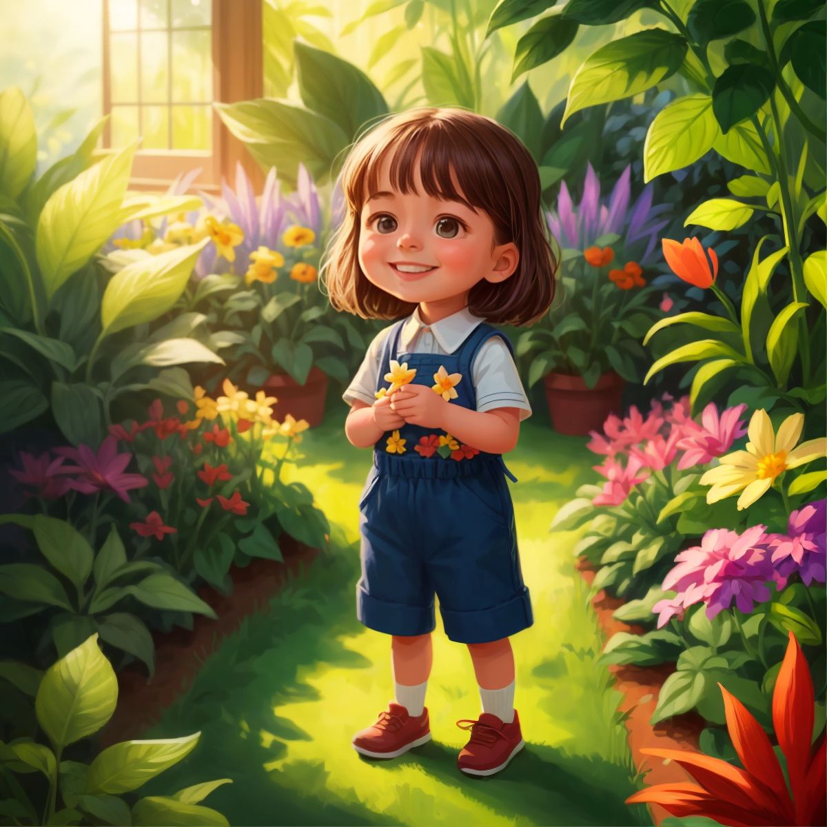 Kid 2 standing in the garden with sunlight streaming down, a smile on her face as she looks at the plants.