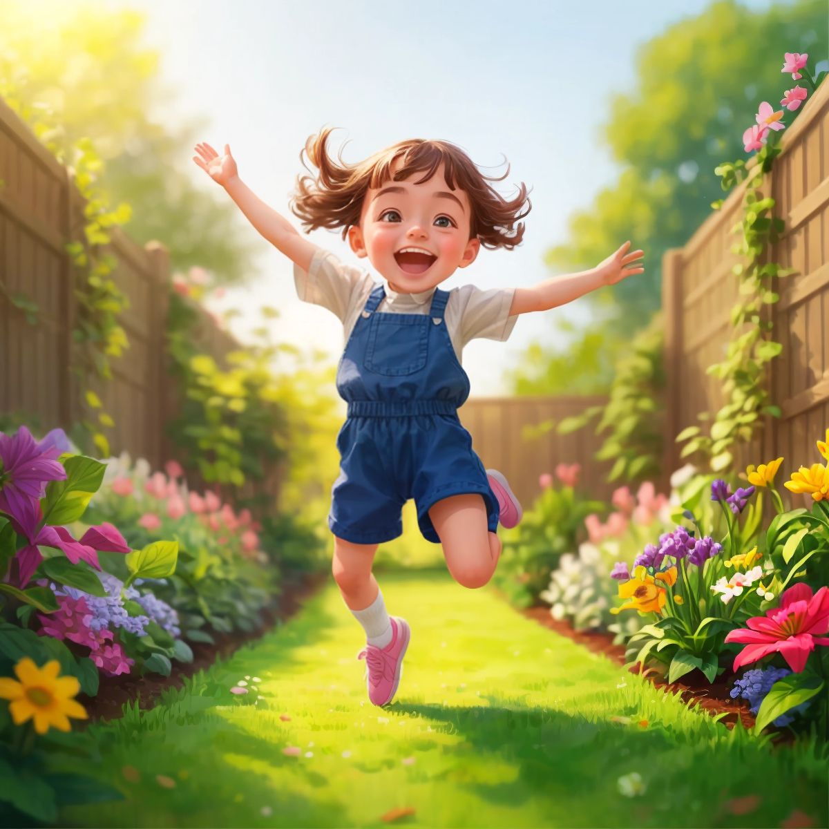 Kid 2 jumping with joy in the garden, with tiny sprouts around her feet.