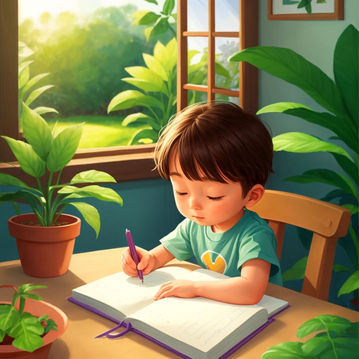 Kid 2 writing in a journal beside a healthy plant, with a backdrop of the garden and other children.