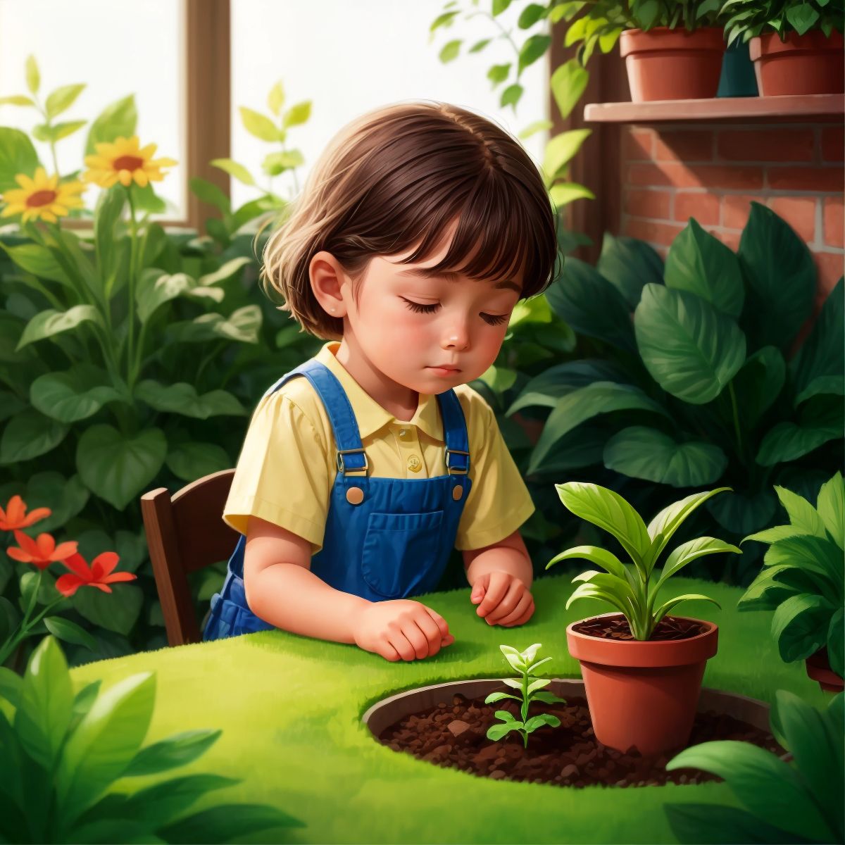 Kid 2 adjusting a plant in the garden, with a thoughtful expression, as if pivoting her idea.