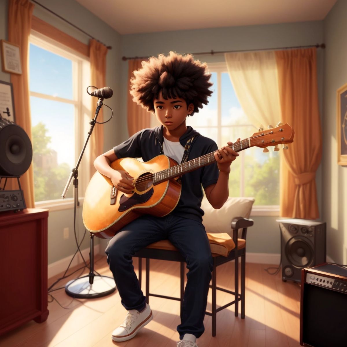 Hopie playing a guitar surrounded by musical notes, with a backdrop of a sunny music room.