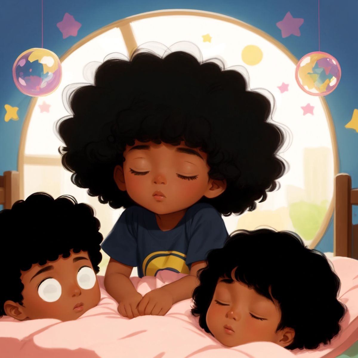 Lovie asleep in her bed, with a dream bubble showing Kid 1 and Kid 2 teaching other kids.