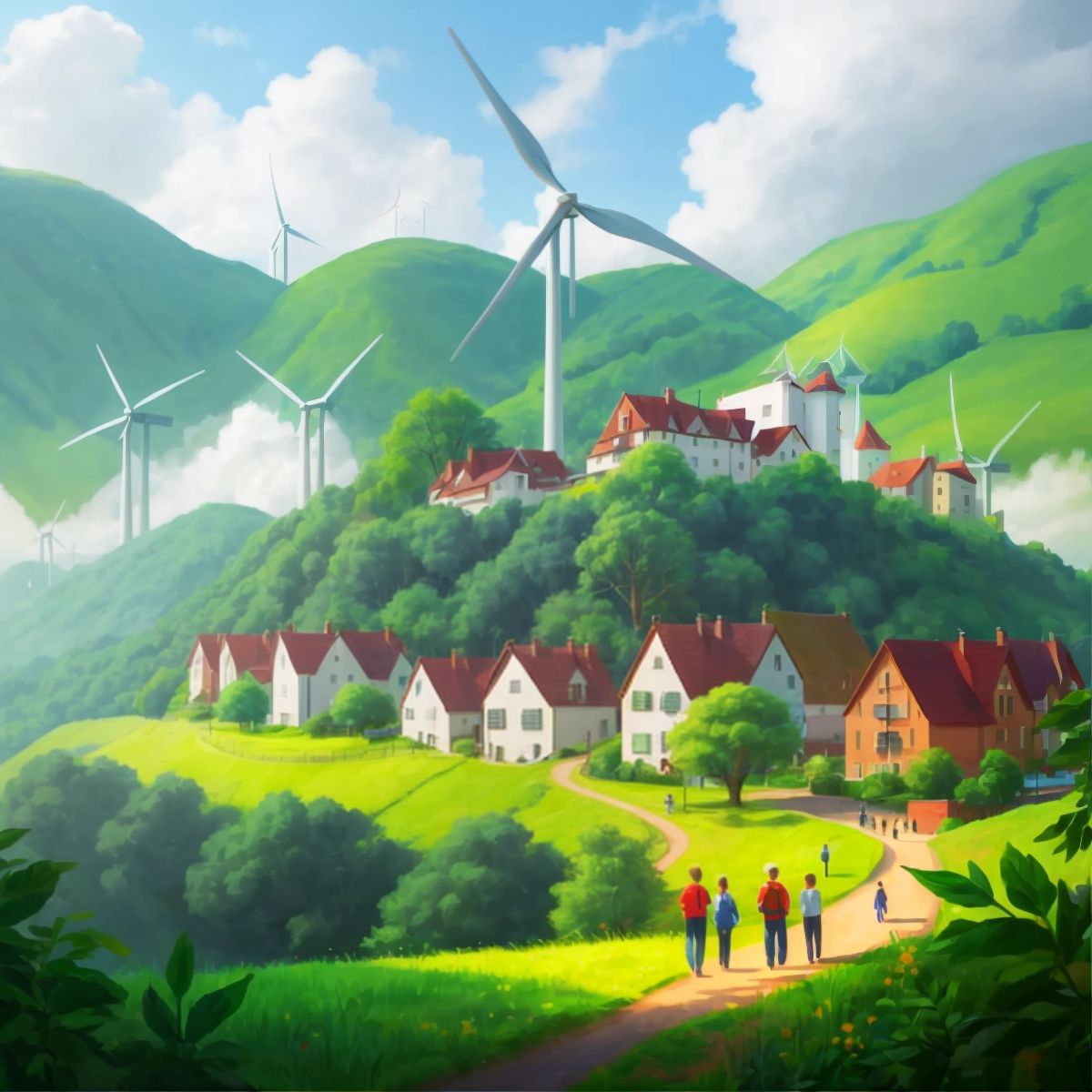 The town with lush greenery, solar panels, wind turbines, and people enjoying a clean environment.