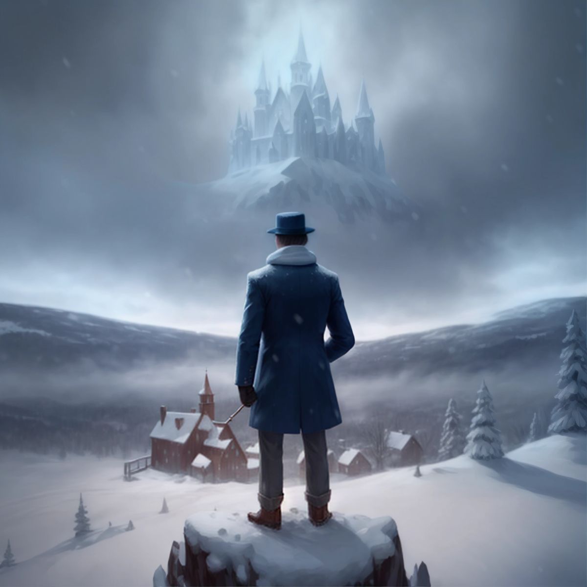 Mr. Frost standing alone near the edge of town with a magical aura, surrounded by a snowy landscape.