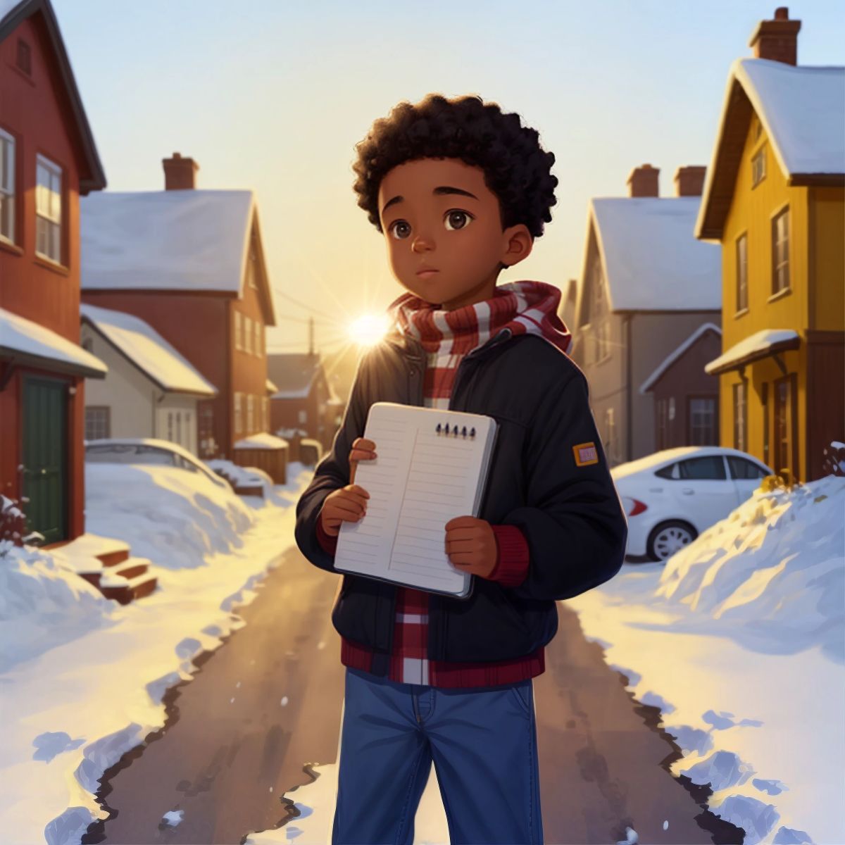 Eco wearing warm clothes with a notebook in hand, standing on a snowy street with sun shining and the town in the background.