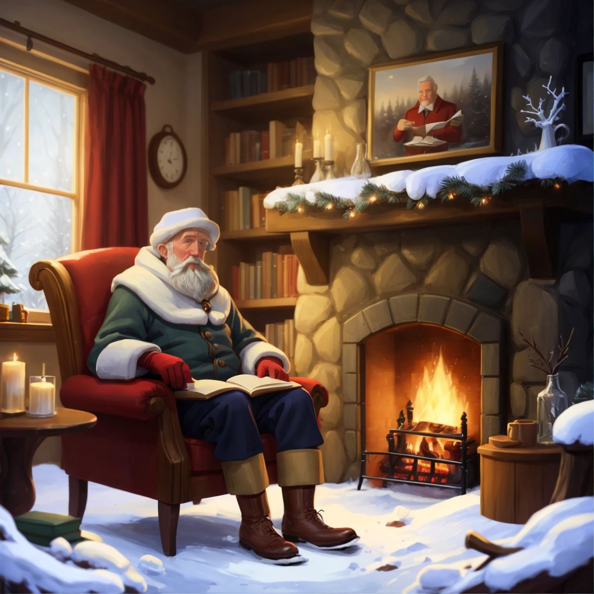 Mr. Frost in his cozy home, with a fireplace and winter-themed decorations, sharing his wisdom.