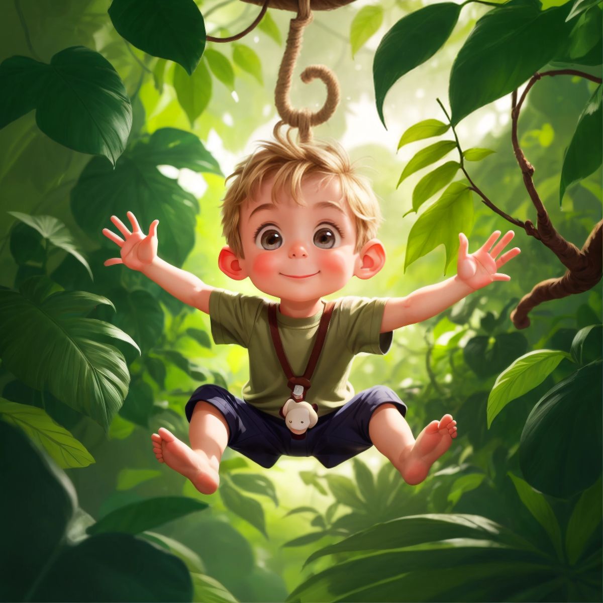 A single monkey with a playful expression, hanging from a vine with one hand and reaching out to Lincoln with the other against a backdrop of thick jungle foliage.