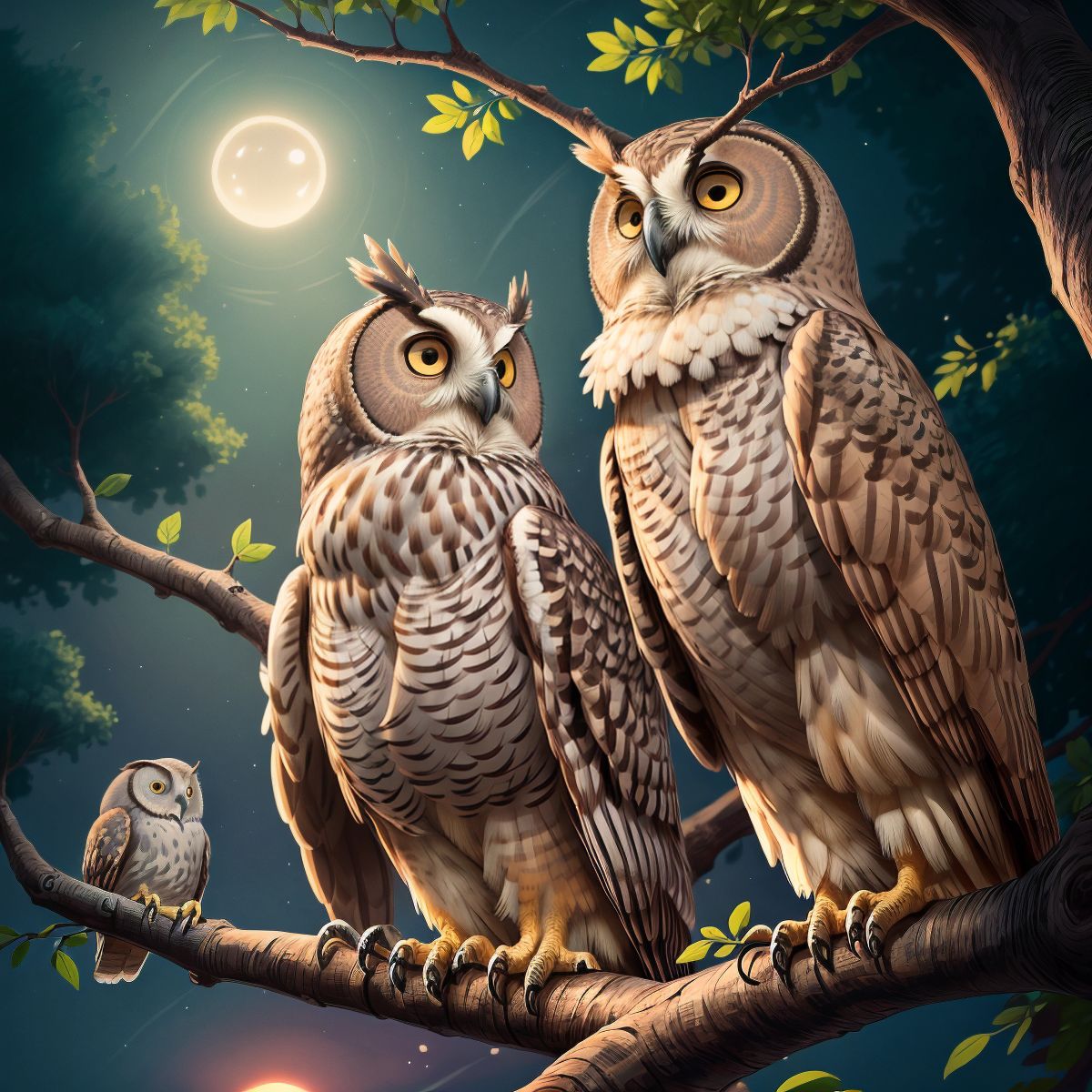 A wise old owl with profound eyes, perched on a gnarled branch against the twilight sky, sharing its wisdom with Lincoln who is looking up with an attentive and thoughtful expression.