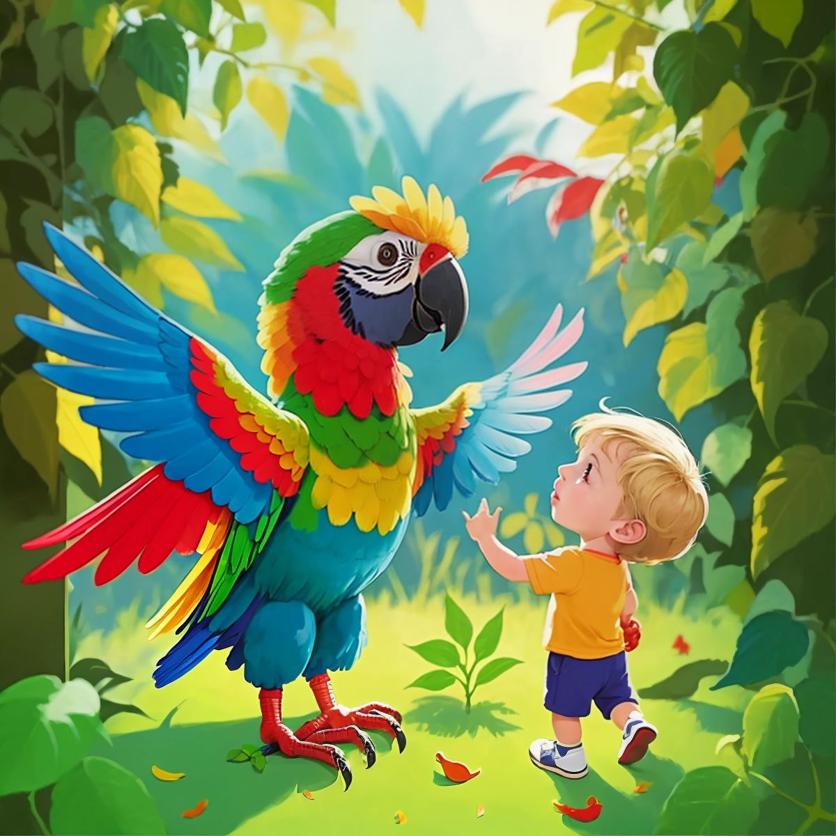 The colorful parrot with a relieved expression, flapping its wings as it is being freed from the vines by Lincoln's careful hands.