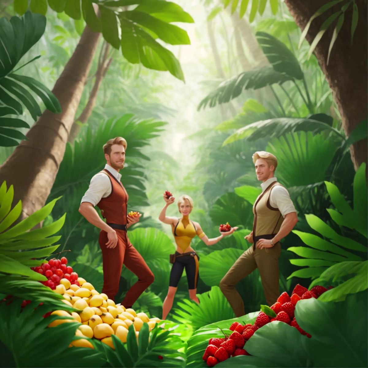 A spread of fruits, nuts, and berries laid out on large leaves in the middle of the jungle with Lincoln standing to the side with a welcoming smile, though no animals are shown to keep the character count to one.