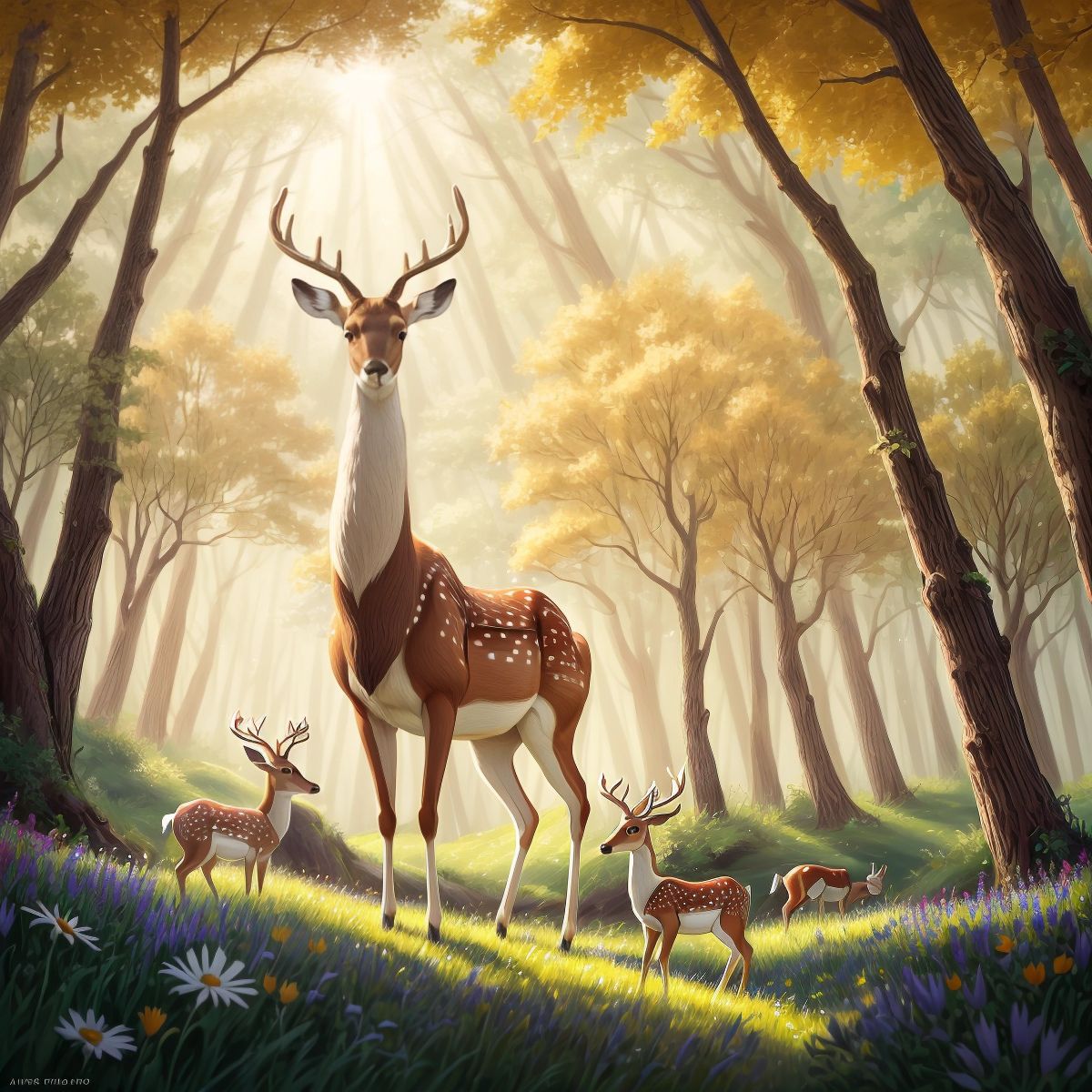 The graceful deer standing in a sunlit clearing, surrounded by wildflowers, as it looks up from grazing to make eye contact with Lincoln.