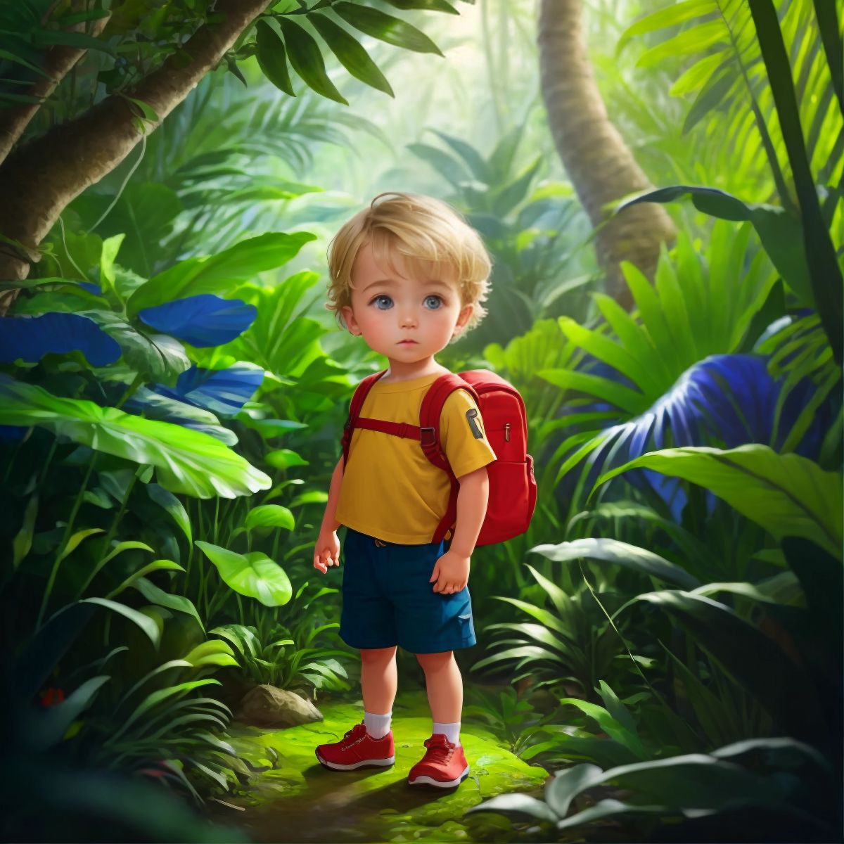 Lincoln standing at the edge of a dense and vibrant jungle, his eyes wide with wonder and a small backpack on his shoulders.
