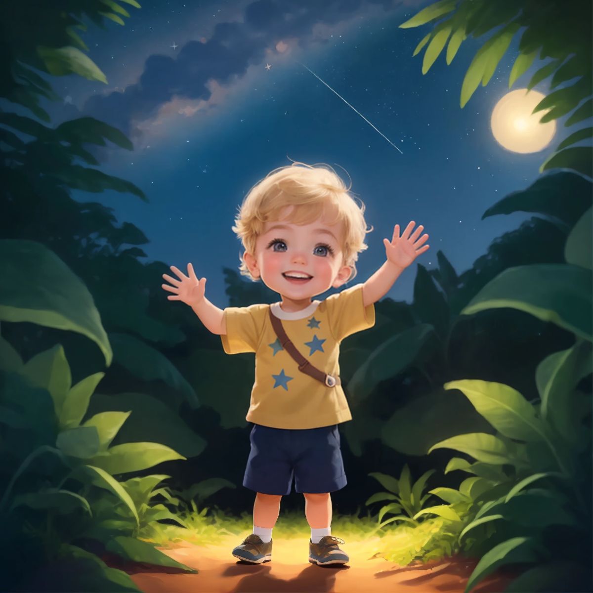 Lincoln waving goodbye with a joyful smile at the edge of the jungle under a starry night sky, capturing the moment of his departure.