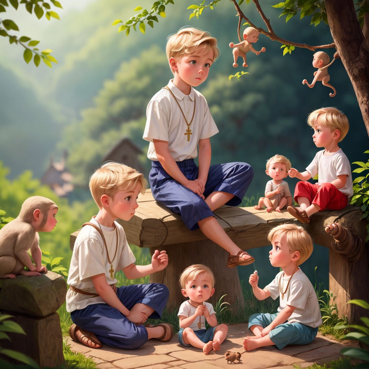Lincoln sitting cross-legged, talking to a group of monkeys who are sitting around him, looking attentive as they listen to his gentle words.