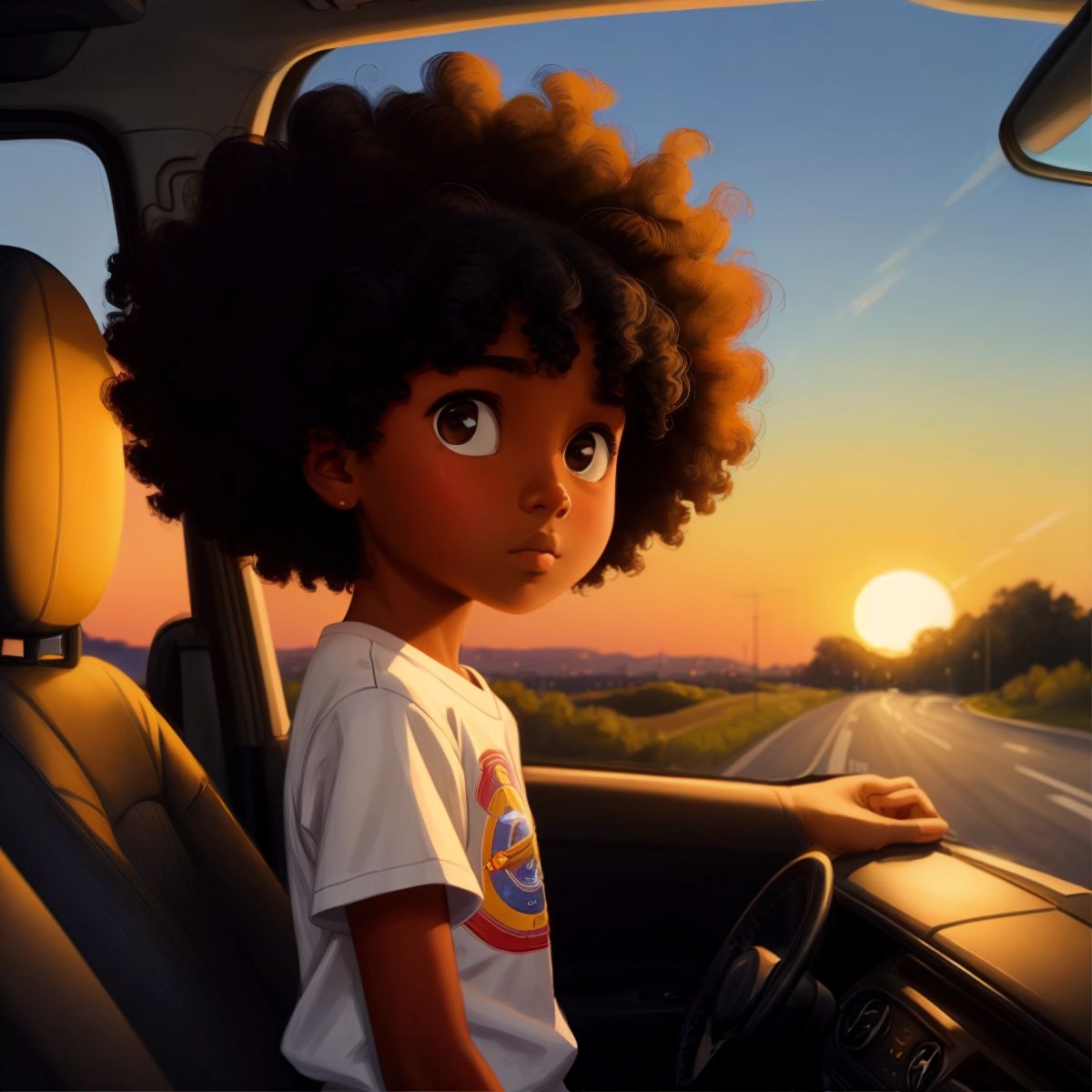 Lovie gazing out of a car window, reflecting on the day, with a setting sun in the background.