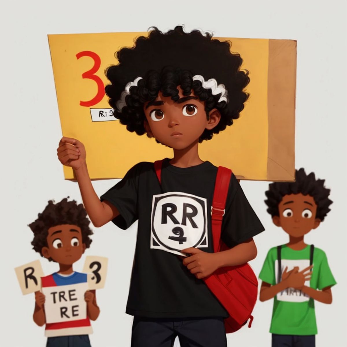 Eco holding a sign with '3 R's' written on it, explaining to an unseen audience with a background of puzzled kids.