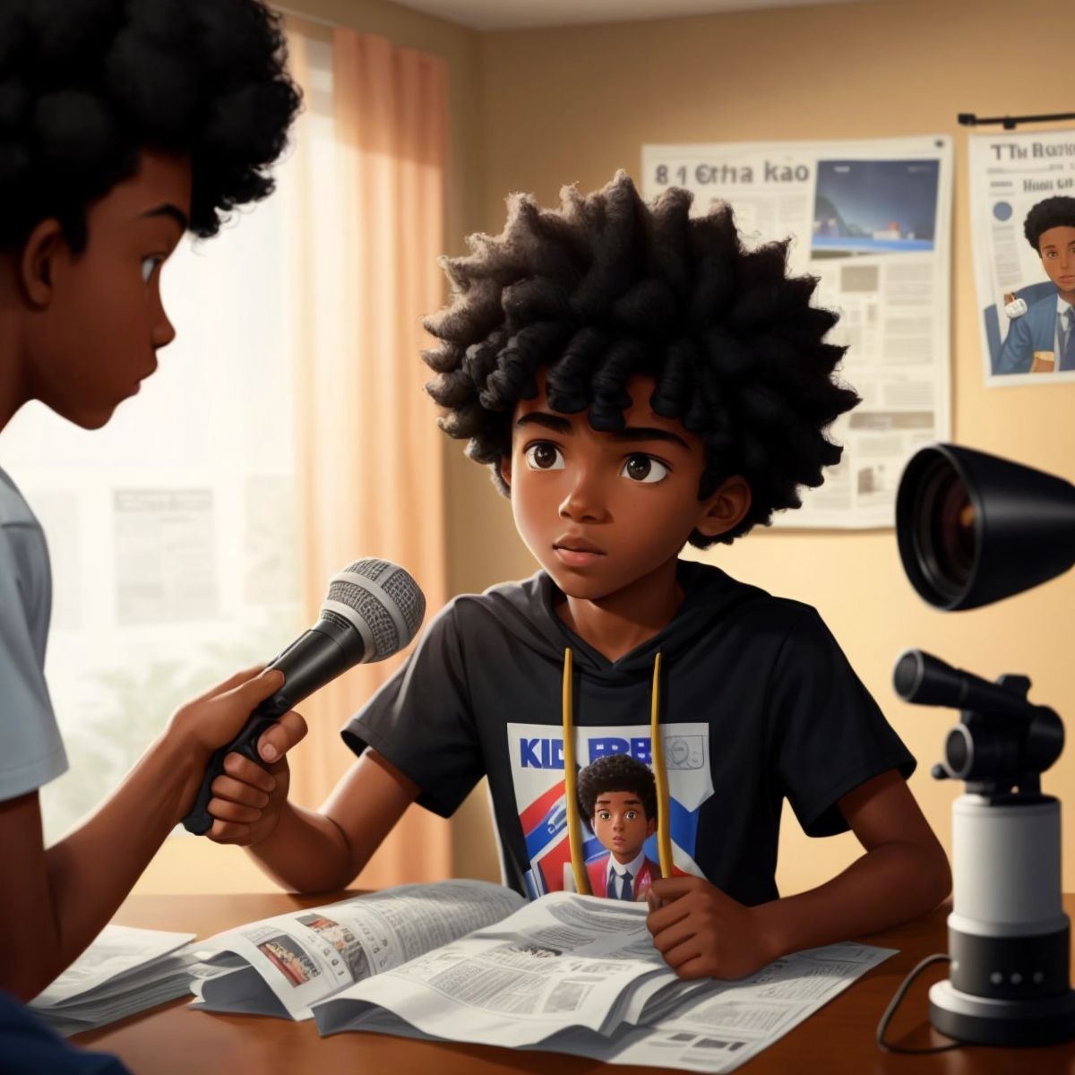 Eco being interviewed by a reporter, with a camera and microphone pointed at him, and a newspaper headline in the background.