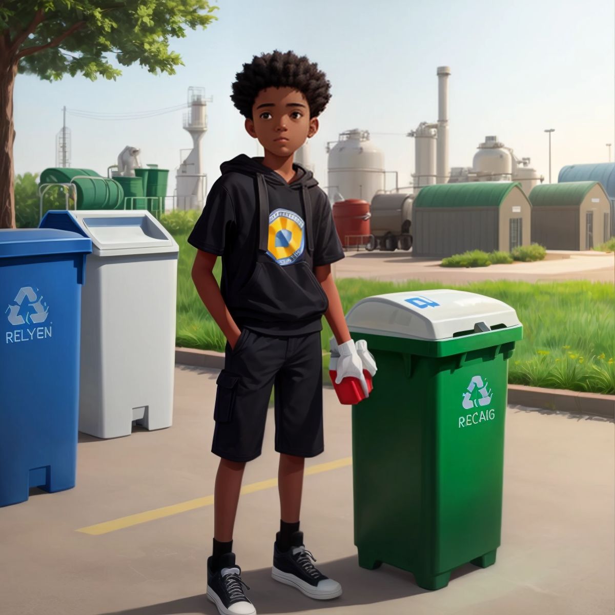 Eco standing next to a recycling bin, dropping in a plastic bottle, with a recycling facility in the background.