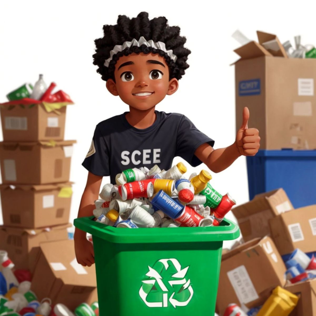 A pile of sorted recyclables with a sign saying 'Ready for the Recycling Center', with Eco giving a thumbs up in the background.