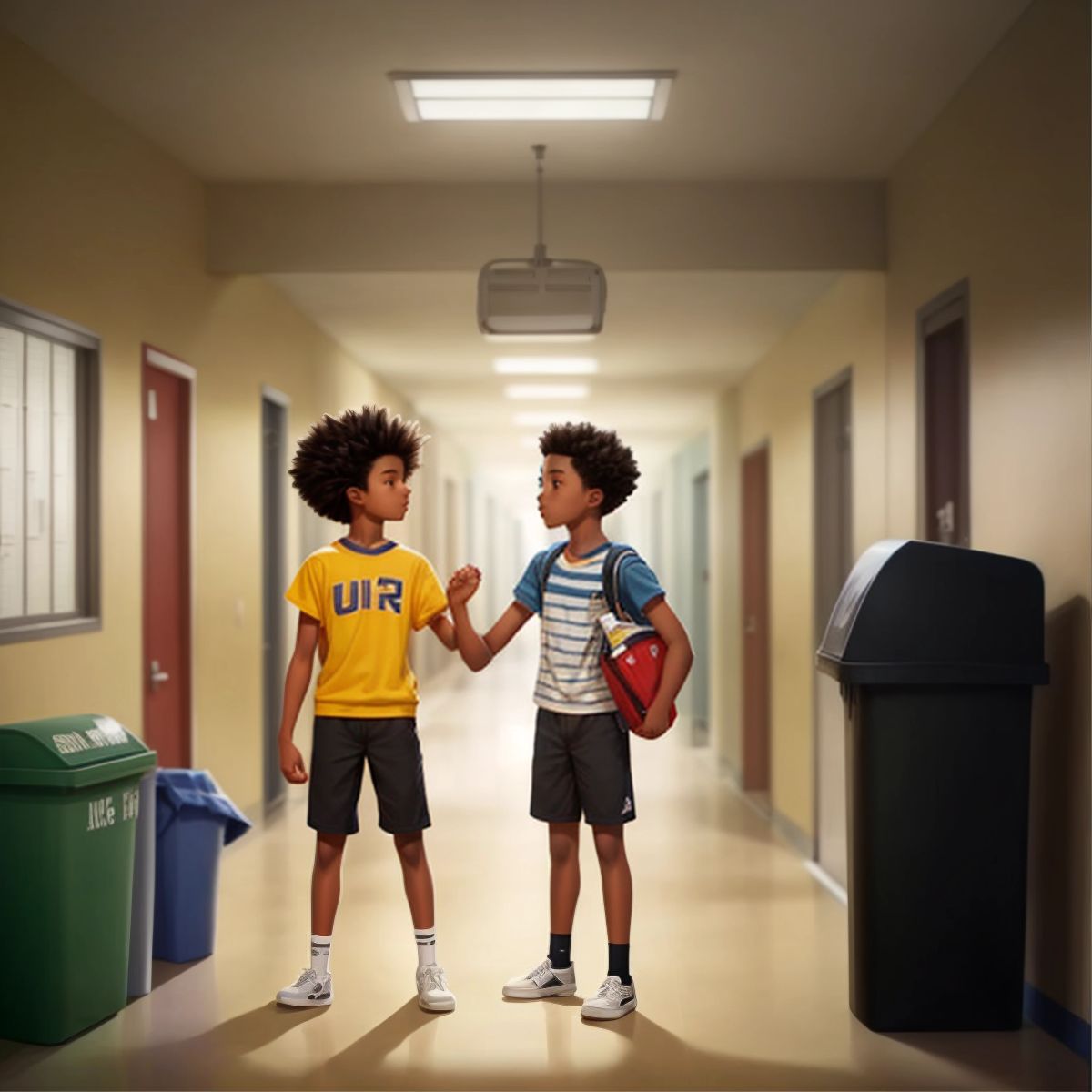 ECO and Kid 1 high-fiving in the school hallway, with a 'Recycle Here' sign above a new recycling bin.