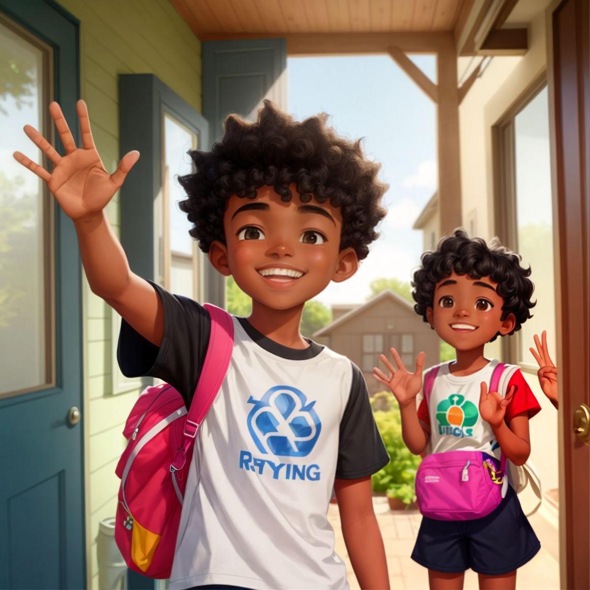 ECO with a big smile, waving goodbye at the doorstep with a recycling symbol on his shirt and a lunch bag in hand. In the background, ECO's mom is visible through the open door, waving back.