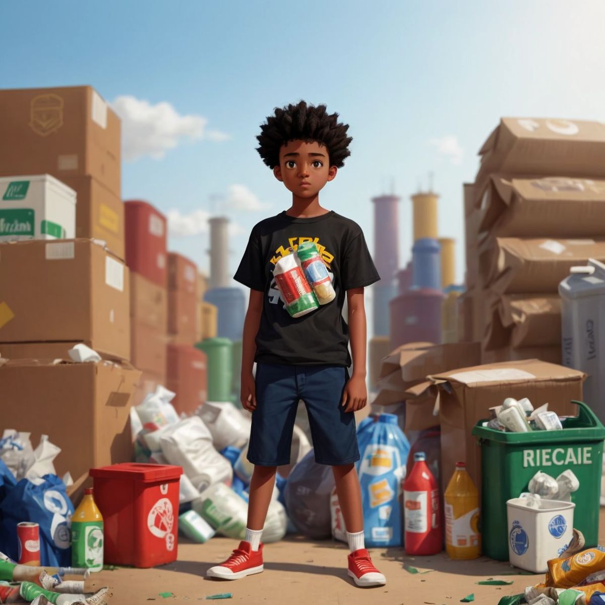 ECO standing in front of piles of recyclables, his eyes wide with wonder. The background shows the vast expanse of the recycling plant.