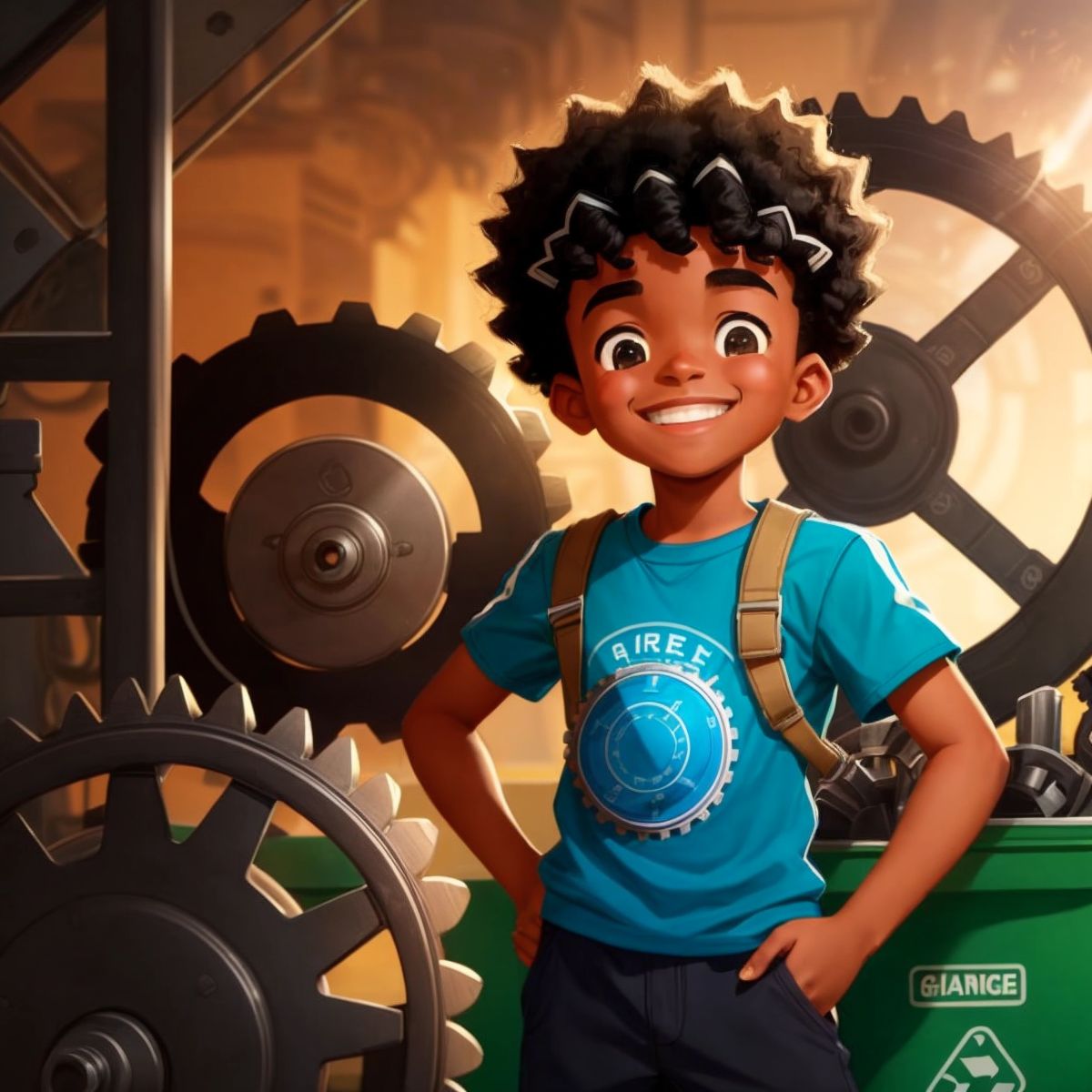 ECO grinning in front of the large recycling machine, with gears and conveyor belts moving in the background.