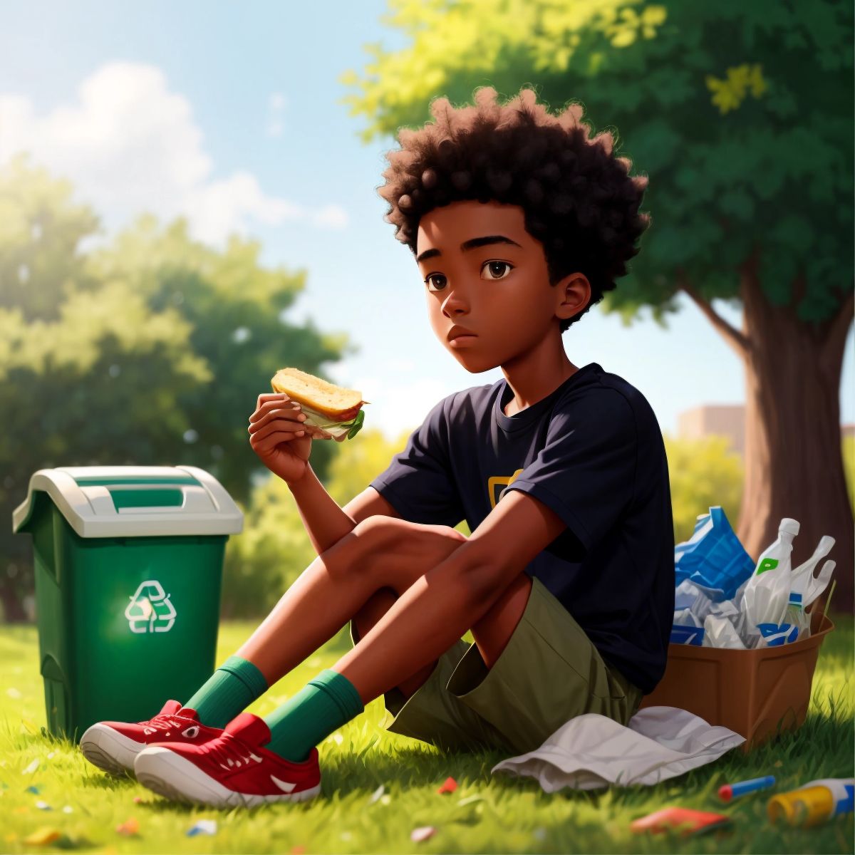 ECO sitting on the grass, holding a sandwich, with a sketch of a recycling bin next to him, showing his idea for the classroom bin.