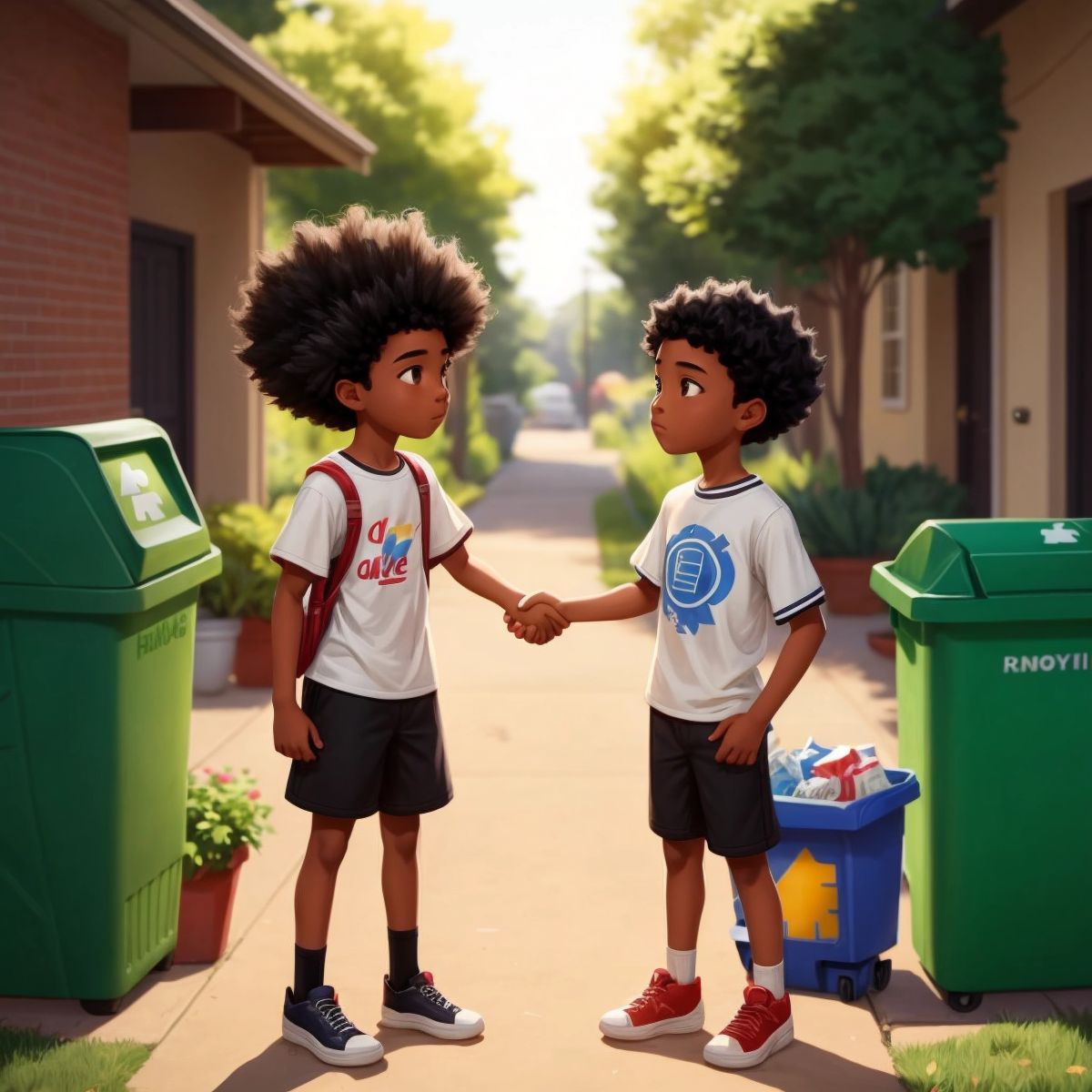 ECO and Kid 1 shaking hands with a recycling bin in the background and a promise note in the foreground.