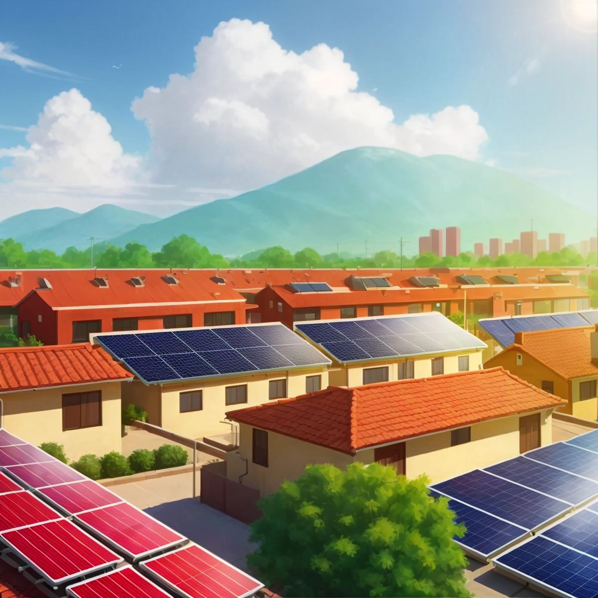A vibrant community scene with solar panel installations and clean air, with no specific character in focus