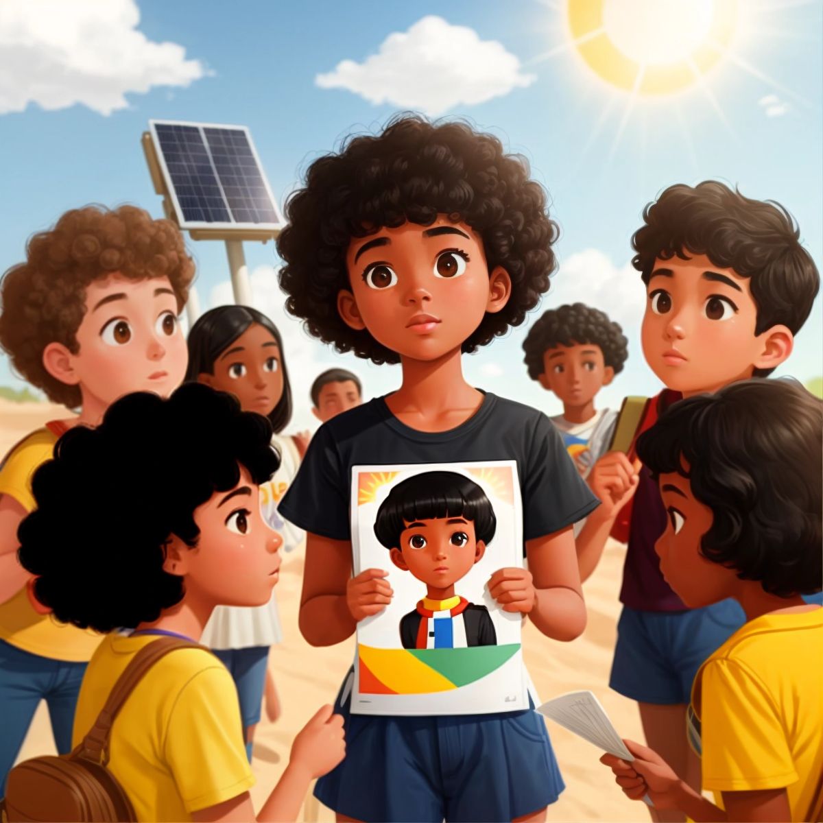 Kid 2 Girl speaking to a group of her peers, holding a poster about solar energy