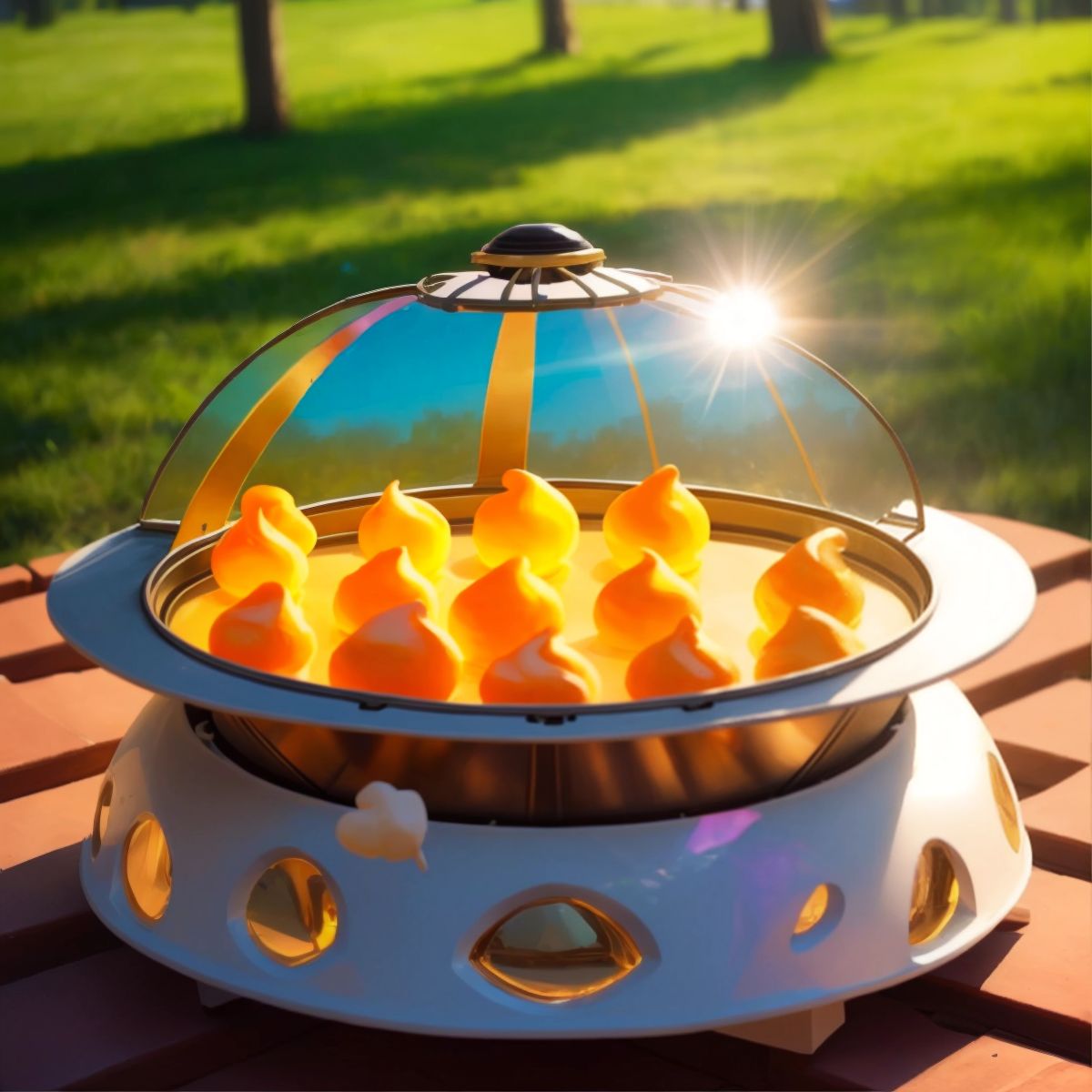A solar oven with melting marshmallows inside, with the sun shining brightly above