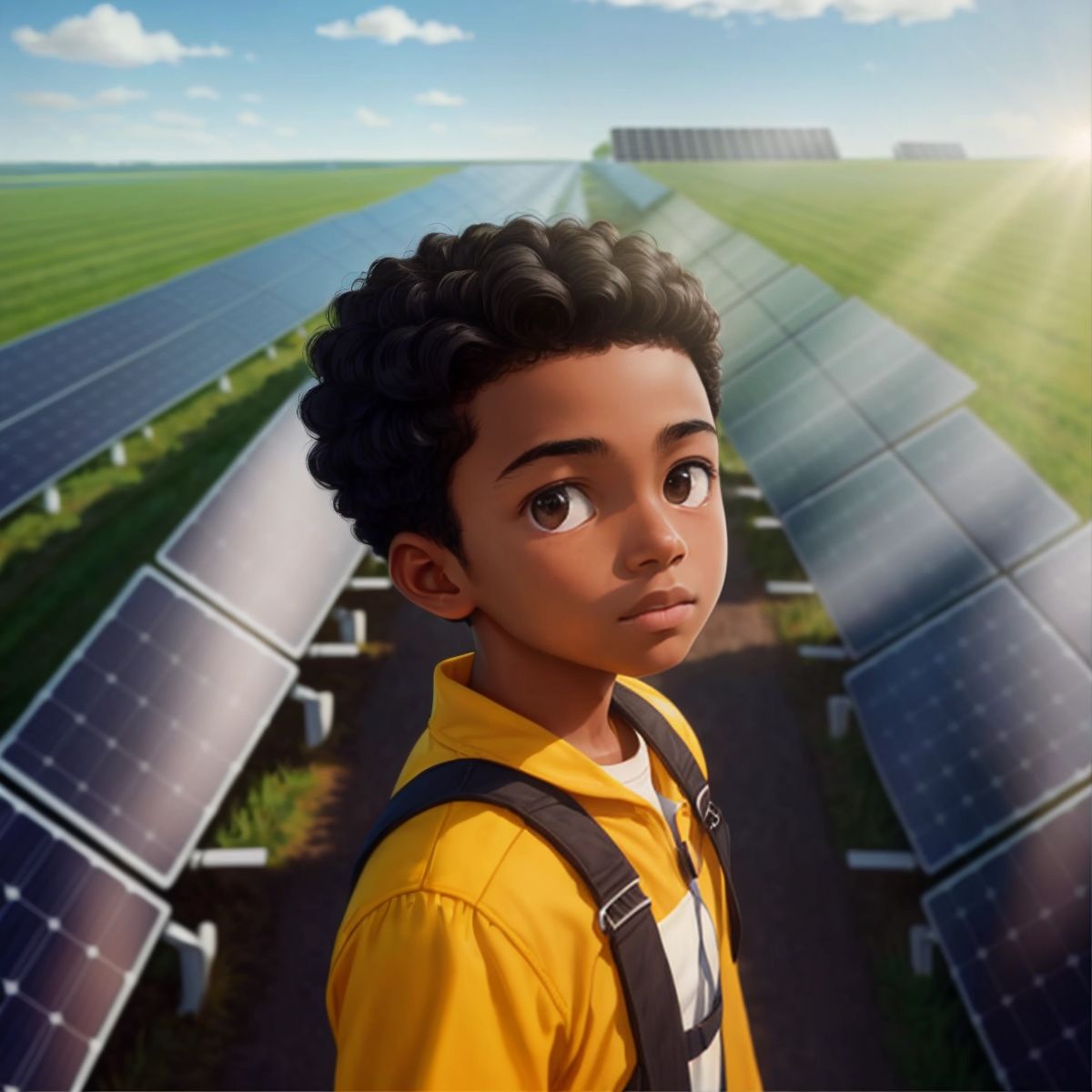 A wide view of a solar farm with rows of solar panels, and Kid 1 Boy in the foreground looking amazed