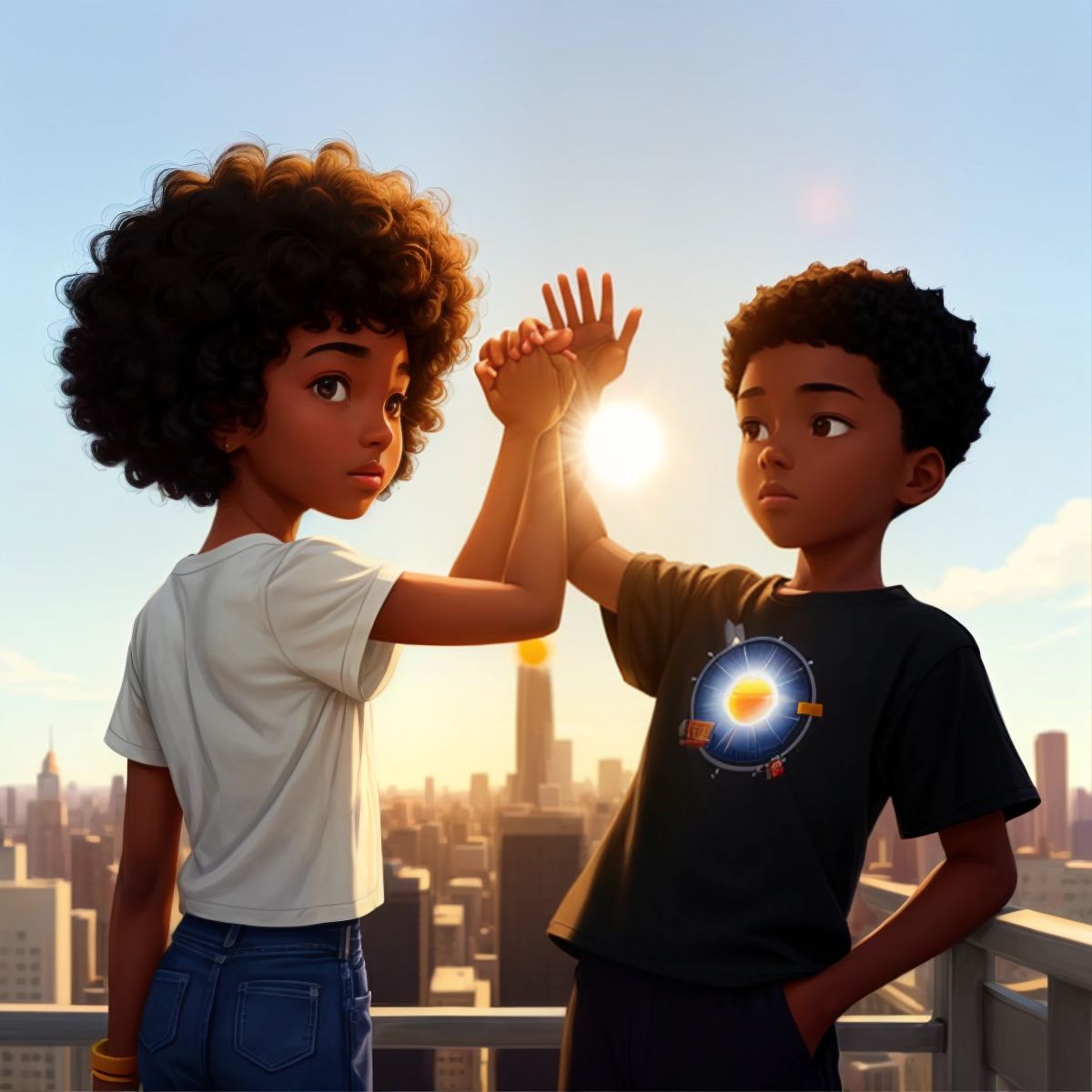 Kid 1 Boy and Kid 2 Girl high-fiving with a backdrop of a thriving city using solar power