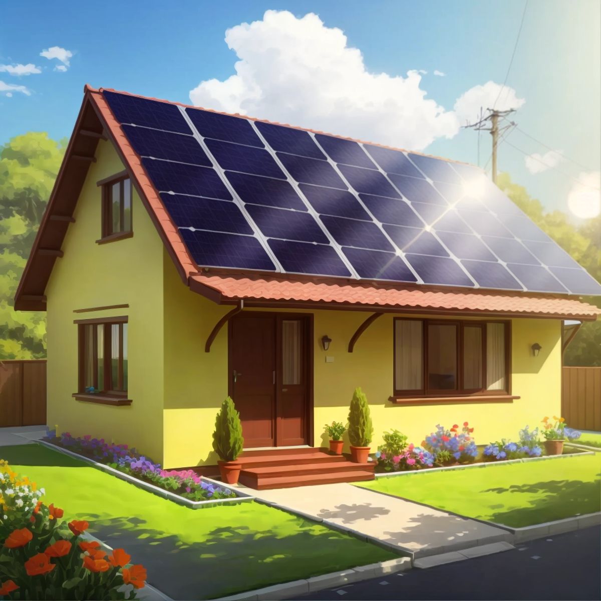 A house with new solar panels on the roof, with a happy Eco standing in front