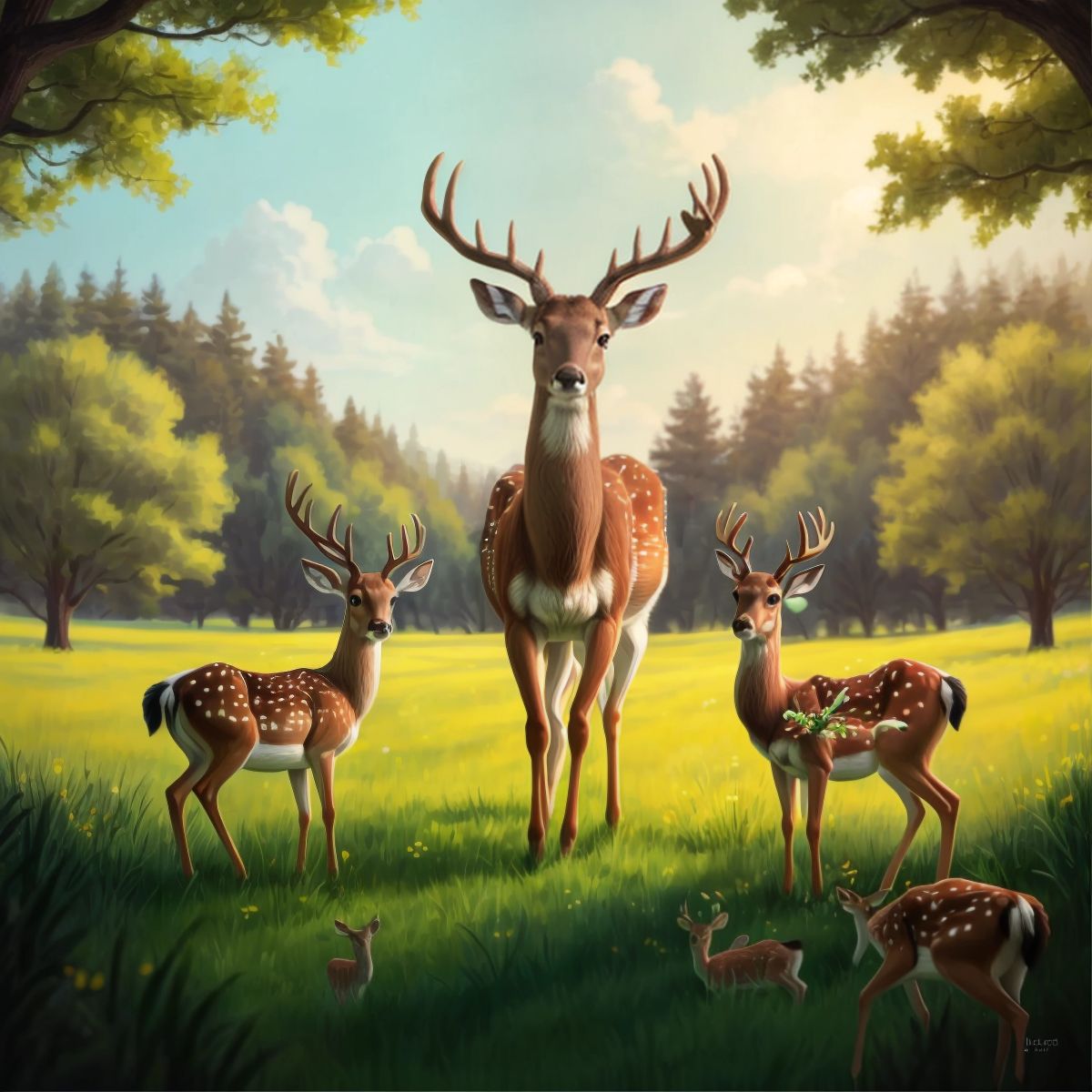 A family of deer in a meadow, with one deer looking up curiously, no children in the image.